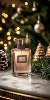 Elegant fragrance bottle displayed with festive decorations photo