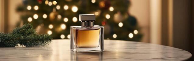 Elegant perfume bottle on a marble table for holidays photo