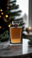 Elegant perfume bottle showcased with holiday decor photo