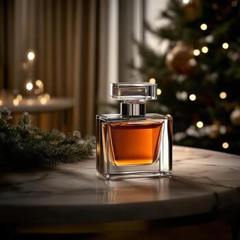 Elegant perfume bottle on a festive holiday table setting photo