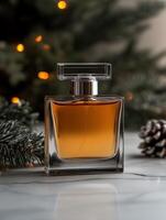 Elegant perfume bottle surrounded by festive decor photo