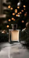 Elegant perfume bottle surrounded by festive decorations photo
