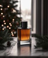 Elegant fragrance bottle on marble surface during winter photo