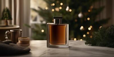 Elegant winter fragrance bottle on marble table near tree photo
