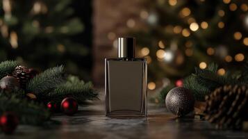 Elegantly packaged fragrance surrounded by festive decor photo