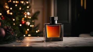 Elegant perfume bottle on marble surface with festive lights photo