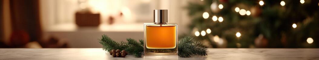 Elegant perfume bottle displayed with festive decorations photo