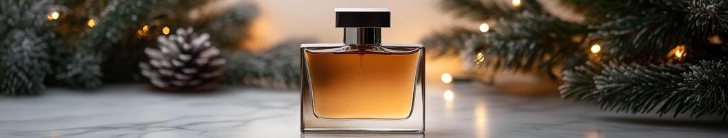 Elegant perfume bottle on a marble surface with greenery photo