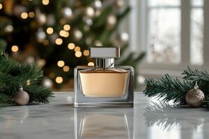Elegant perfume bottle displayed with festive decorations photo