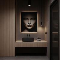 Modern bathroom interior design featuring a striking artwork photo