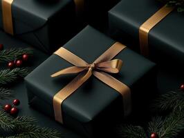 Elegant black gift boxes with golden ribbons and festive decor photo
