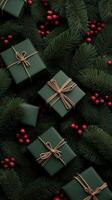 Holiday gifts arranged on evergreen foliage with berries photo