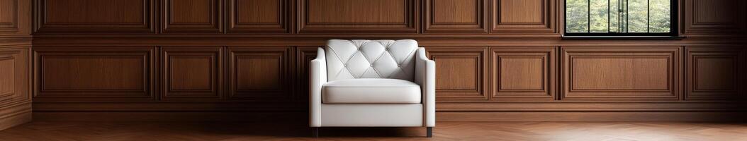 Modern white armchair in an elegant wooden room interior photo