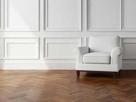 Cozy white armchair in a minimalist room with wooden floor photo
