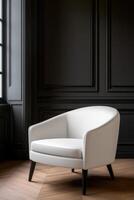 Modern white chair in elegant dark room interior design photo