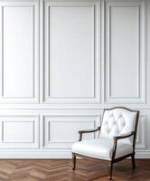 Elegant white chair against a classic wall design in a room photo