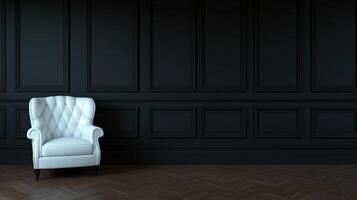 Elegant white armchair against a dark paneled wall photo