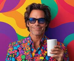 Brightly colored suit and joyful expression at vibrant backdrop photo