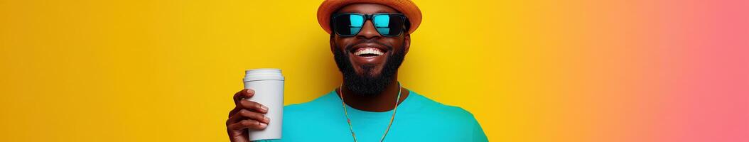 Cheerful man enjoying drink against vibrant yellow background photo
