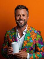 Man in colorful suit holding a cup against orange background photo