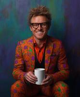 Colorful portrait of a man in a vibrant suit enjoying coffee photo