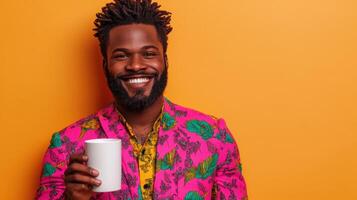 Man in bright clothes smiles with cup on orange backdrop photo