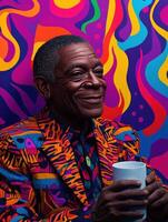 Joyful man holding a cup against a vibrant background photo