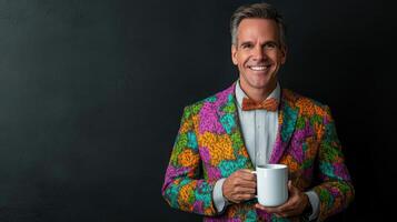 Stylish man enjoying coffee in a colorful suit photo