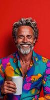 Smiling man with colorful shirt holding a mug in studio photo