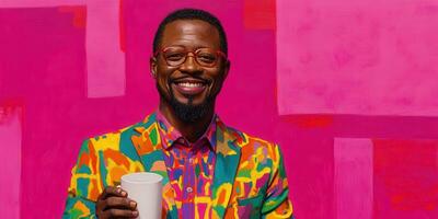 Brightly dressed man smiling with a cup against a bold background photo