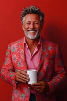 Smiling man in floral blazer holds cup against red background photo
