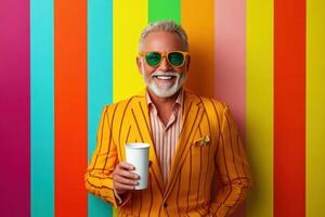 Man in vibrant suit and sunglasses enjoys a drink photo