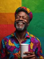 Vibrant man smiles while holding a cup in colorful setting photo