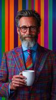 Stylish man holds a coffee cup against a colorful backdrop photo