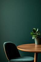 Elegant dining space with a green wall and wooden table photo