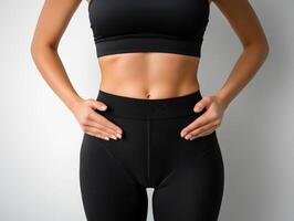 Woman adjusting athletic wear while standing against wall photo