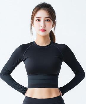 aptitud entusiasta posando con confianza en rutina de ejercicio atuendo foto