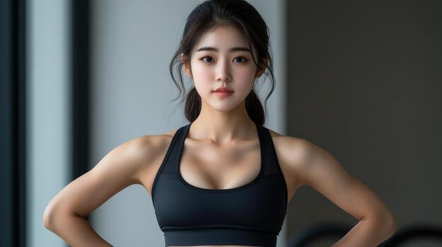 confidente joven mujer poses en aptitud centrar foto