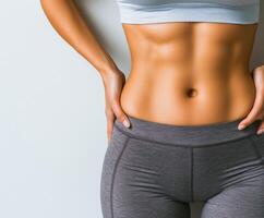 Fitness enthusiast shows toned abdomen against neutral backdrop photo