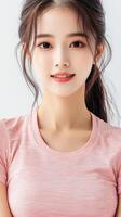 Smiling young woman in fitness attire poses for portrait photo