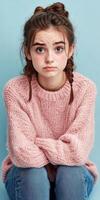 Young girl with a worried expression in a cozy sweater photo