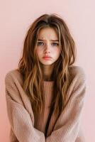 Young woman with expressive face against a pink background photo