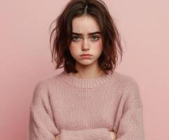 Expressive girl with discontented gaze against pastel backdrop photo