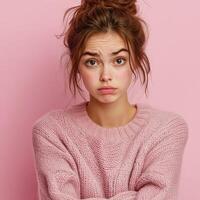 Young woman with a serious expression on pink background photo