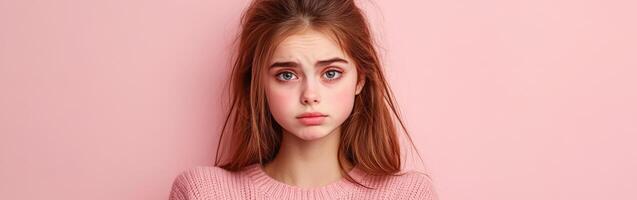Young woman with a thoughtful expression against pink backdrop photo