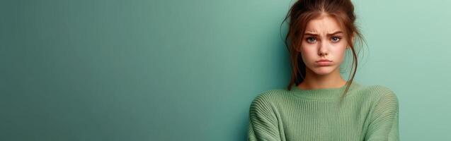 Young woman with an unhappy expression against a green background photo
