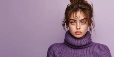 Model poses in a cozy turtleneck sweater against a soft backdrop photo