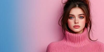 Young woman in a pink sweater against a gradient background photo