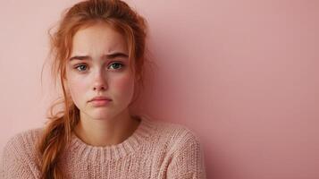 Young girl with sad expression against pink background photo