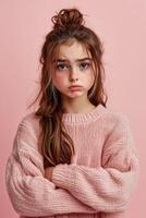 Young girl shows emotion in pink sweater against pastel backdrop photo
